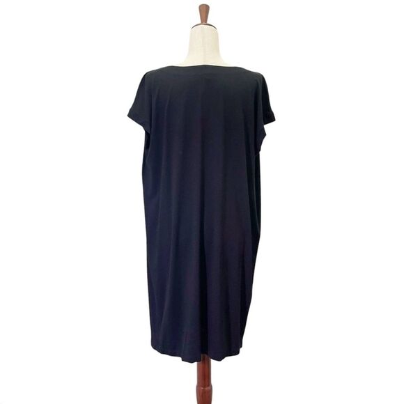 Eileen Fisher Drape Front Dress Black Short Sleeve Shift Size Medium Made in USA - Picture 3 of 11